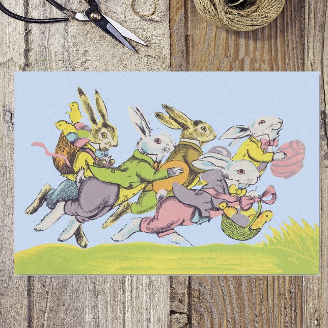 Happy Easter Running Pastel Rabbits Tissue Paper (group running Easter bunnies pastel clothing eggs baskets on Easter tissue wrap paper.)