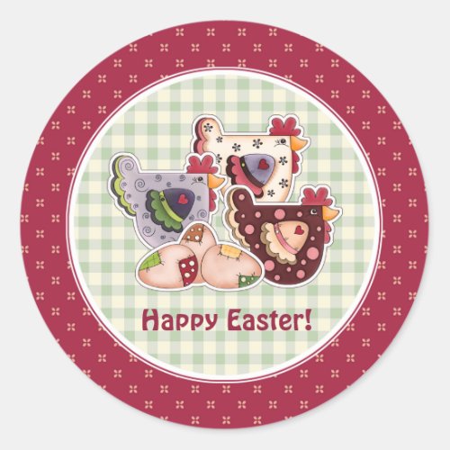 Happy Easter Rustic Hens with Eggs  Classic Round Sticker