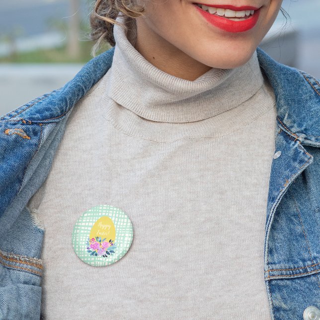 Happy Easter rustic plaid floral orange egg Button (Creator Uploaded)