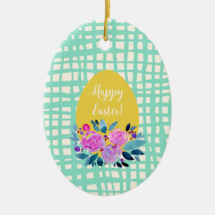Happy Easter rustic plaid floral orange egg Ceramic Ornament
