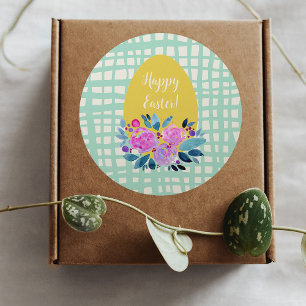 Happy Easter rustic plaid floral orange egg Classic Round Sticker