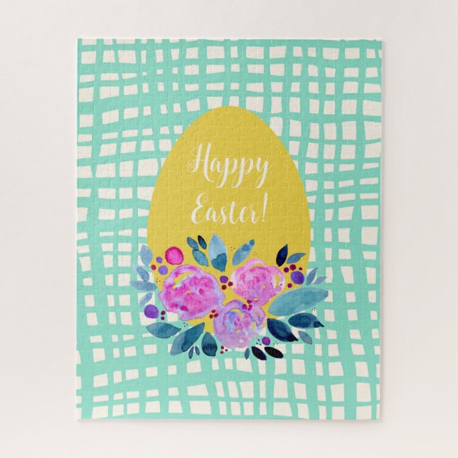 Happy Easter rustic plaid floral orange egg Jigsaw Puzzle (Vertical)