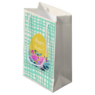 Happy Easter rustic plaid floral orange egg Small Gift Bag