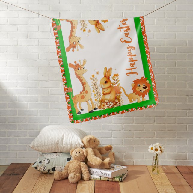 Happy Easter Safari Giraffe Bunny Lion Green Cute Baby Blanket (In Situ)