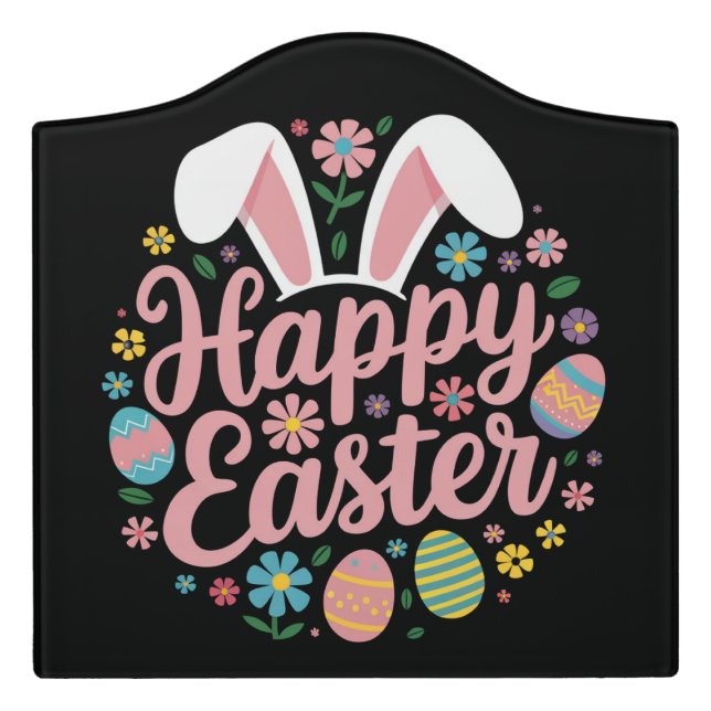 Happy Easter Sayings Egg Bunny Door Sign (Large Crest Front)