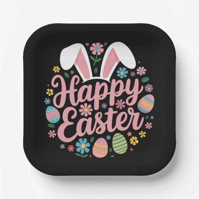 Happy Easter Sayings Egg Bunny Paper Plates (Front)