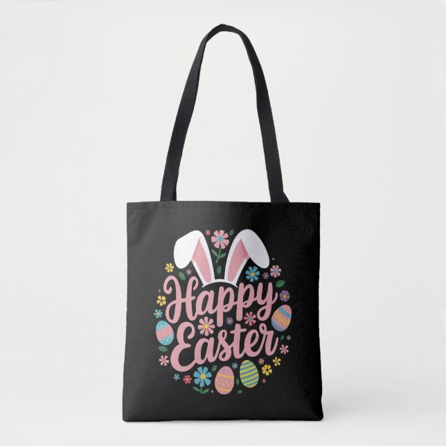 Happy Easter Sayings Egg Bunny Tote Bag (Front)