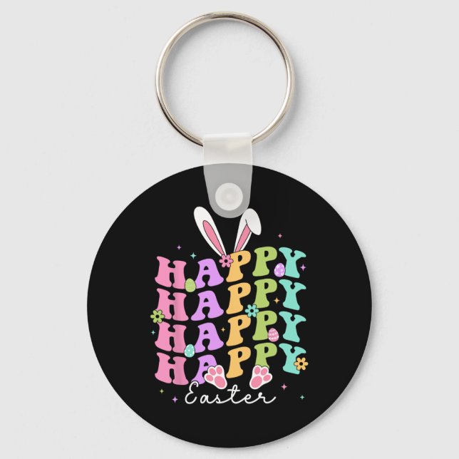 Happy Easter Sayings Egg Groovy Bunny Rabbit Kids  Keychain (Front)