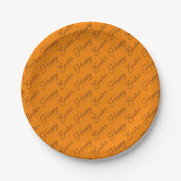 Happy Easter Script Brown on Orange Paper Plate