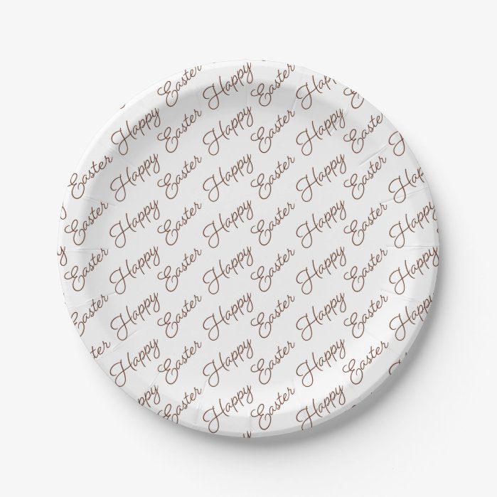 Happy Easter Script Brown on White Paper Plate