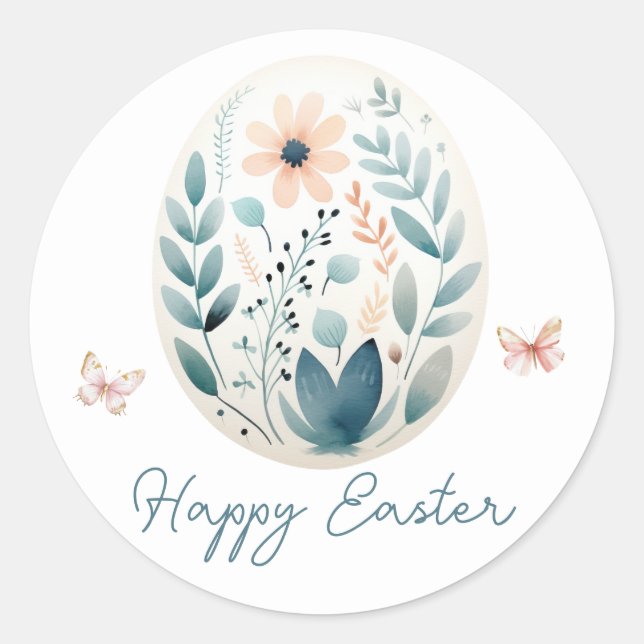 Happy Easter Script Floral Egg Classic Round Sticker (Front)