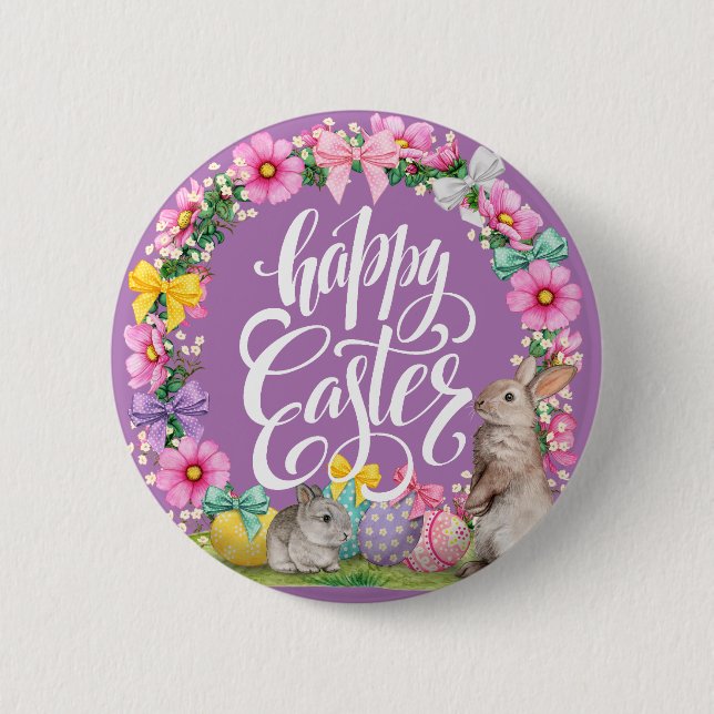 Happy Easter Script Floral lavender Easter Bunny   Button (Front)