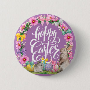 Happy Easter Script Floral lavender Easter Bunny   Button