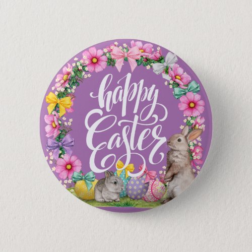 Happy Easter Script Floral lavender Easter Bunny   Button