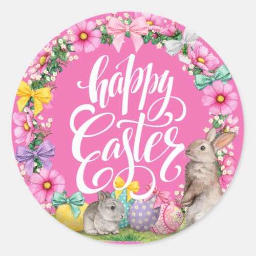 Happy Easter Script Floral Pink Easter Bunny Egg  Classic Round Sticker