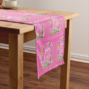 Happy Easter Script Floral Pink Easter Bunny Egg Short Table Runner
