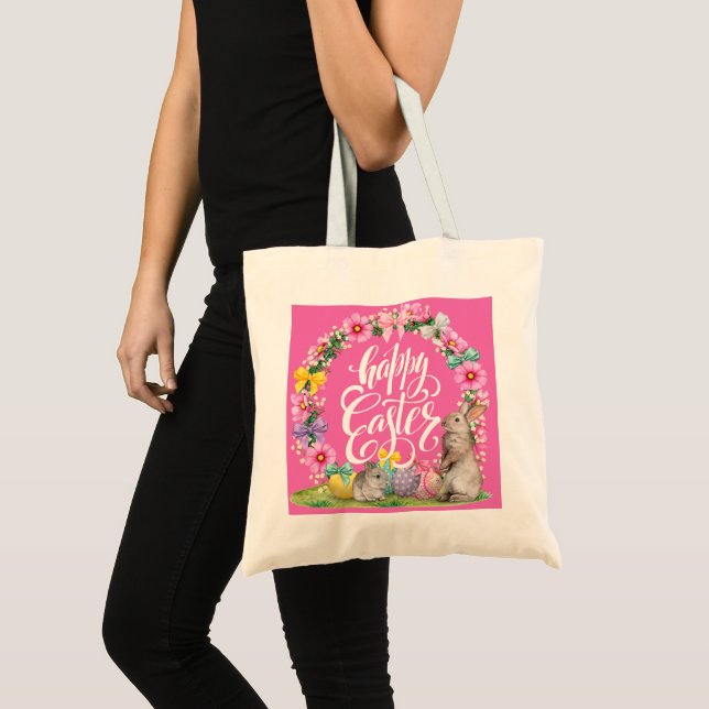 Happy Easter Script Floral Pink Easter Bunny Egg  Tote Bag (Front (Product))