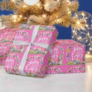 Happy Easter Script Floral Pink Easter Bunny Egg Wrapping Paper