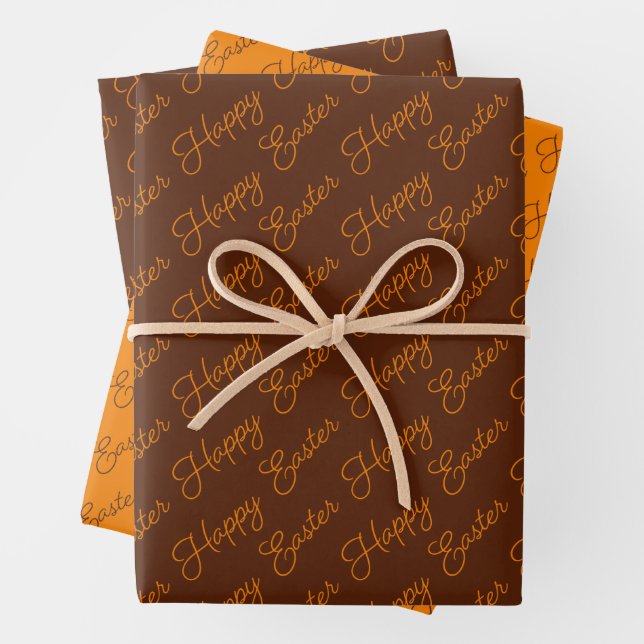 Happy Easter Script Orange and Brown Wrapping Paper Sheets (In situ)