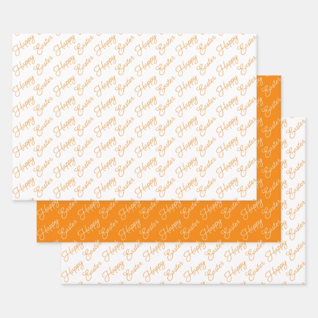 Happy Easter Script Orange and White Wrapping Paper Sheets (Set)