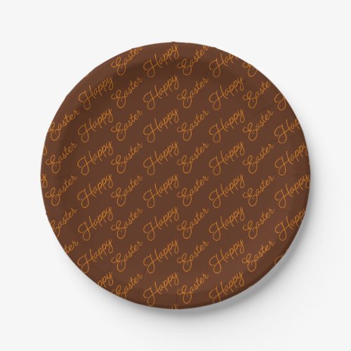 Happy Easter Script Orange on Brown Paper Plate