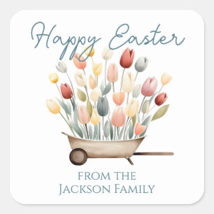 Happy Easter Script Tulip Wheel Barrel Square Sticker