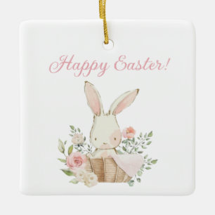 Happy Easter Script Watercolor Bunny Rabbit Pink Ceramic Ornament