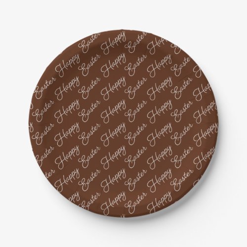 Happy Easter Script White on Brown Paper Plate