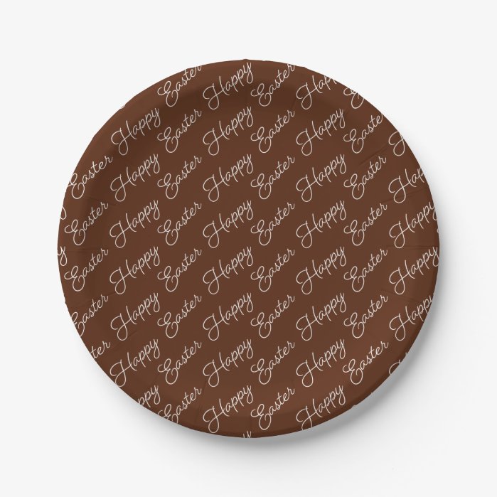 Happy Easter Script White on Brown Paper Plate
