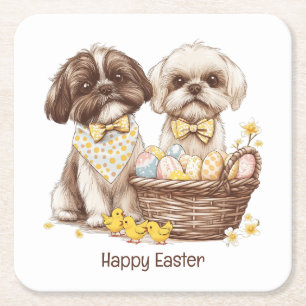 Happy Easter Shih Tzu Dogs Square Paper Coaster