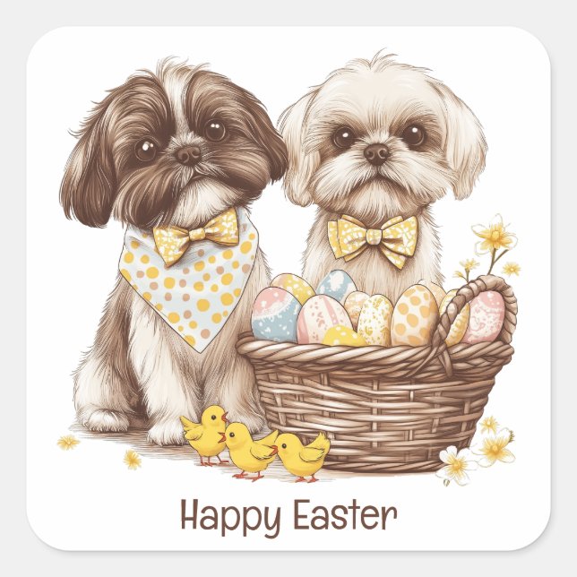 Happy Easter Shih Tzu Dogs Square Sticker (Front)