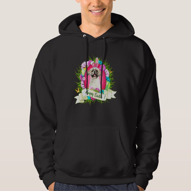 Happy Easter Shih Tzu Wearing Bunny Ear Eggs Cool Hoodie (Front)