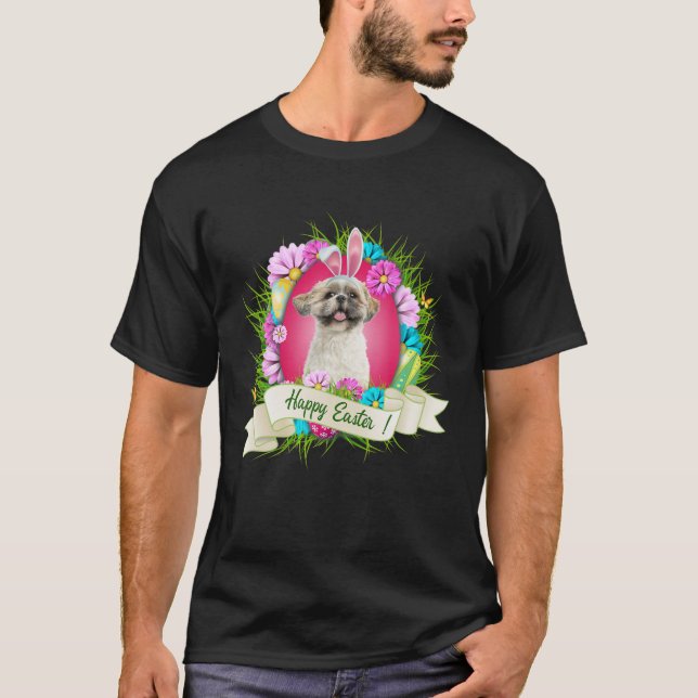 Happy Easter Shih Tzu Wearing Bunny Ear Eggs Cool T-Shirt (Front)