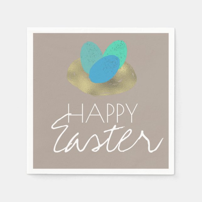 Happy Easter Speckled Easter Egg Gold Nest Napkins (Front)