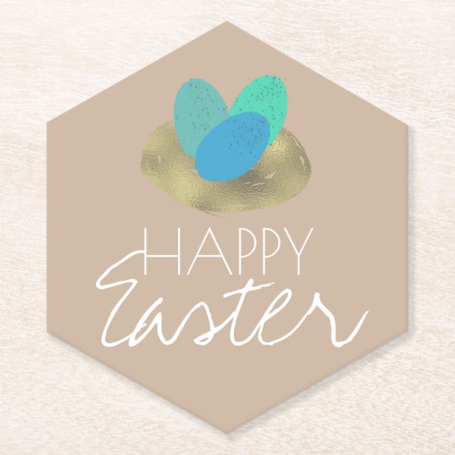 Happy Easter Speckled Egg Easter Nest Party Paper Coaster (Front)