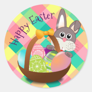 Happy Easter Spring Checkerboard Pattern Classic Round Sticker
