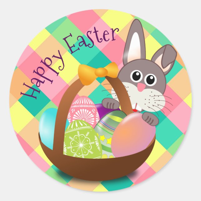 Happy Easter Spring Checkerboard Pattern Classic Round Sticker (Front)