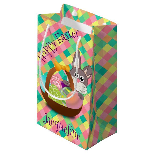 Happy Easter Spring Checkerboard Personalized Small Gift Bag (Front Angled)