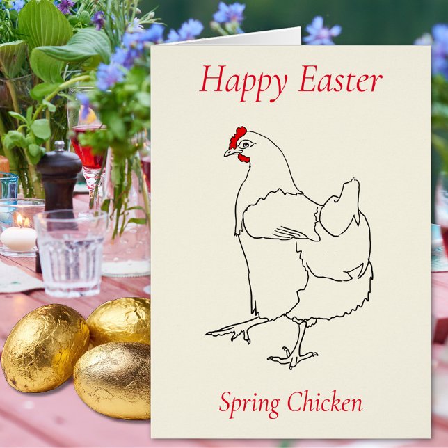 Happy Easter Spring Chicken Minimalist Line Art Cards (Happy easter spring chicken cute hen minimalist line art drawing Folded holiday greetings card)