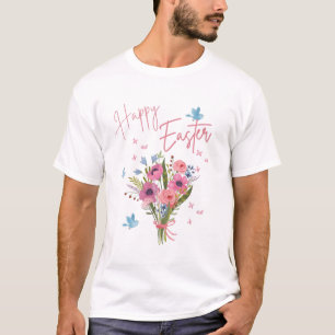 Happy Easter Spring Floral Bouquet & Blue Birds T-Shirt