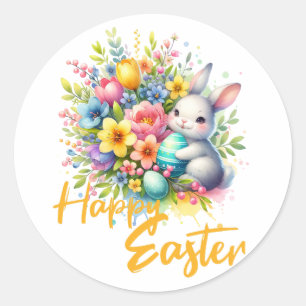 Happy Easter spring flower with cute bunny Classic Round Sticker
