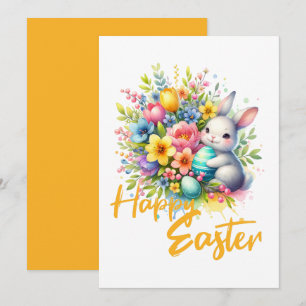 Happy Easter spring flower with cute bunny Holiday Card
