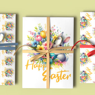 Happy Easter spring flower with cute bunny Wrapping Paper Sheets