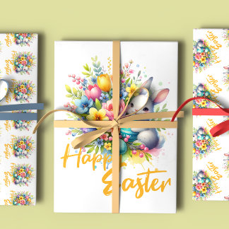 Happy Easter spring flower with cute bunny Wrapping Paper Sheets