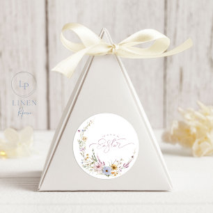 Happy Easter Spring Flower Wreath Classic Round Sticker