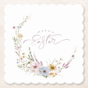 Happy Easter Spring Flower Wreath  Paper Coaster