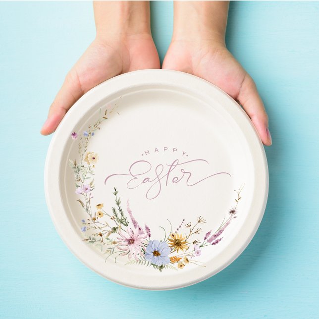 Happy Easter Spring Flower Wreath Paper Plates (Creator Uploaded)