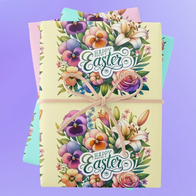 Happy Easter Spring Flowers 3 Pastel Versions Wrapping Paper Sheets (Creator Uploaded)
