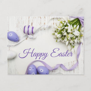 Happy Easter Spring Flowers, Purple Painted Eggs Postcard