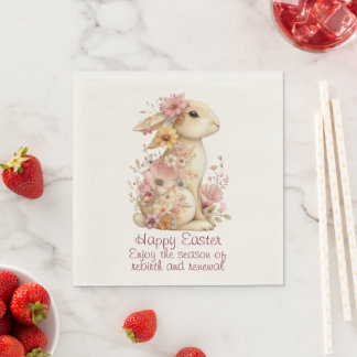 Happy Easter Spring Pink and Yellow Flowers Bunny Napkins